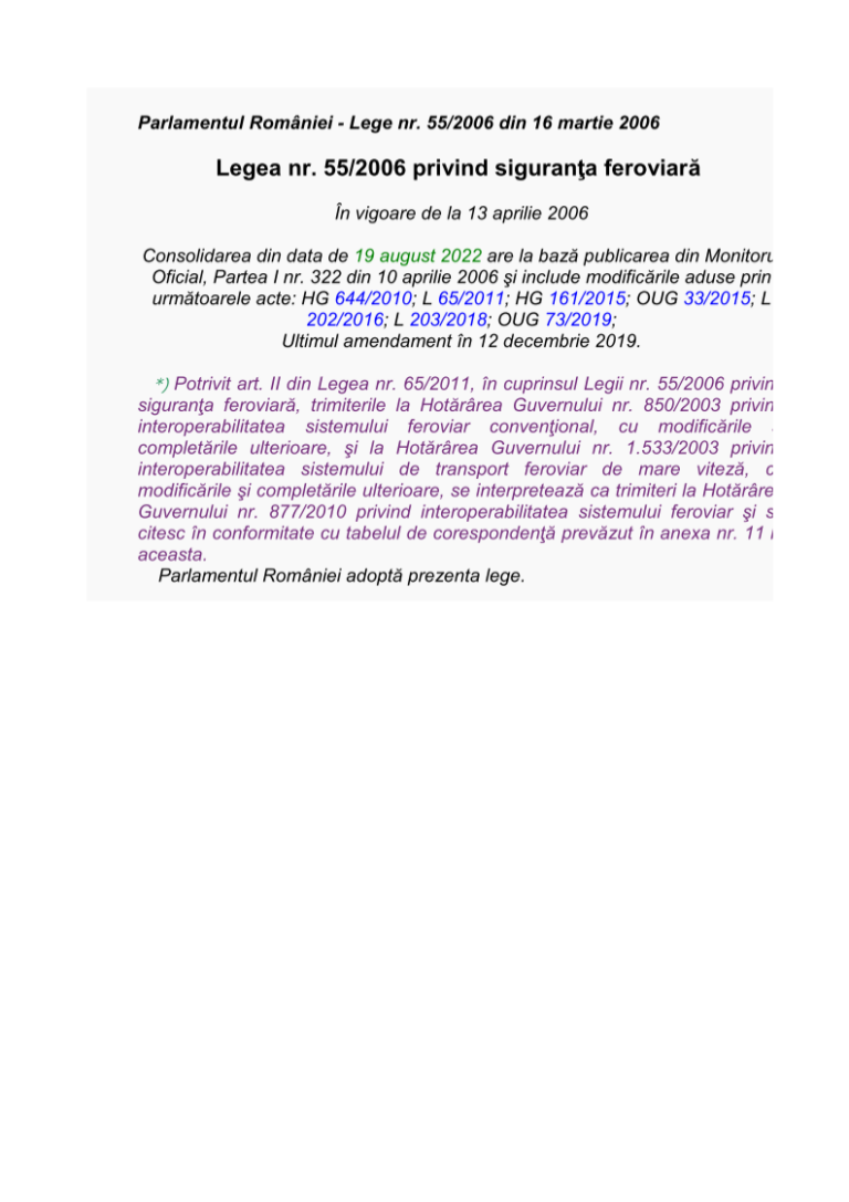 LEGE nr. 55 din 16 martie 2006 privind siguranţa feroviară